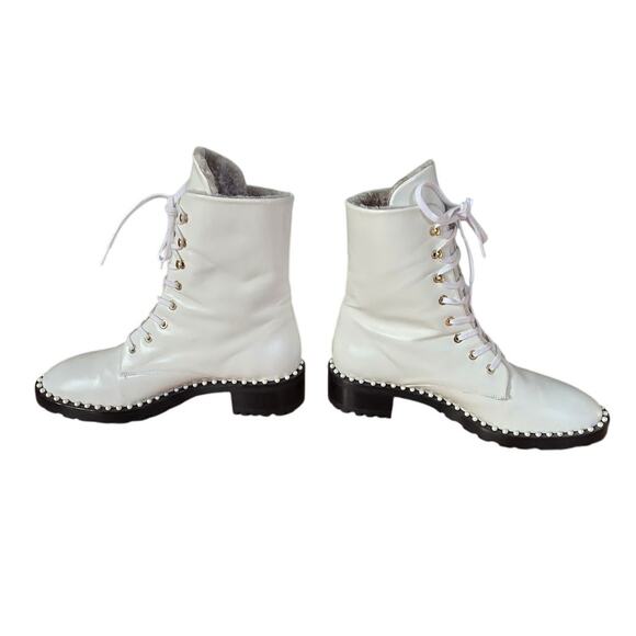 Stuart Weitzman White Shearling Pearl Embellished Studded Combat Boots Size 8 - Picture 2 of 11